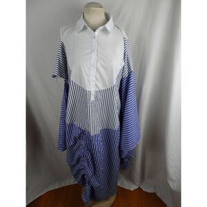 Buxom Curvy Stripe Asymmetrical Sleeve Shirt Dress with Cinched Waist Size 3XL